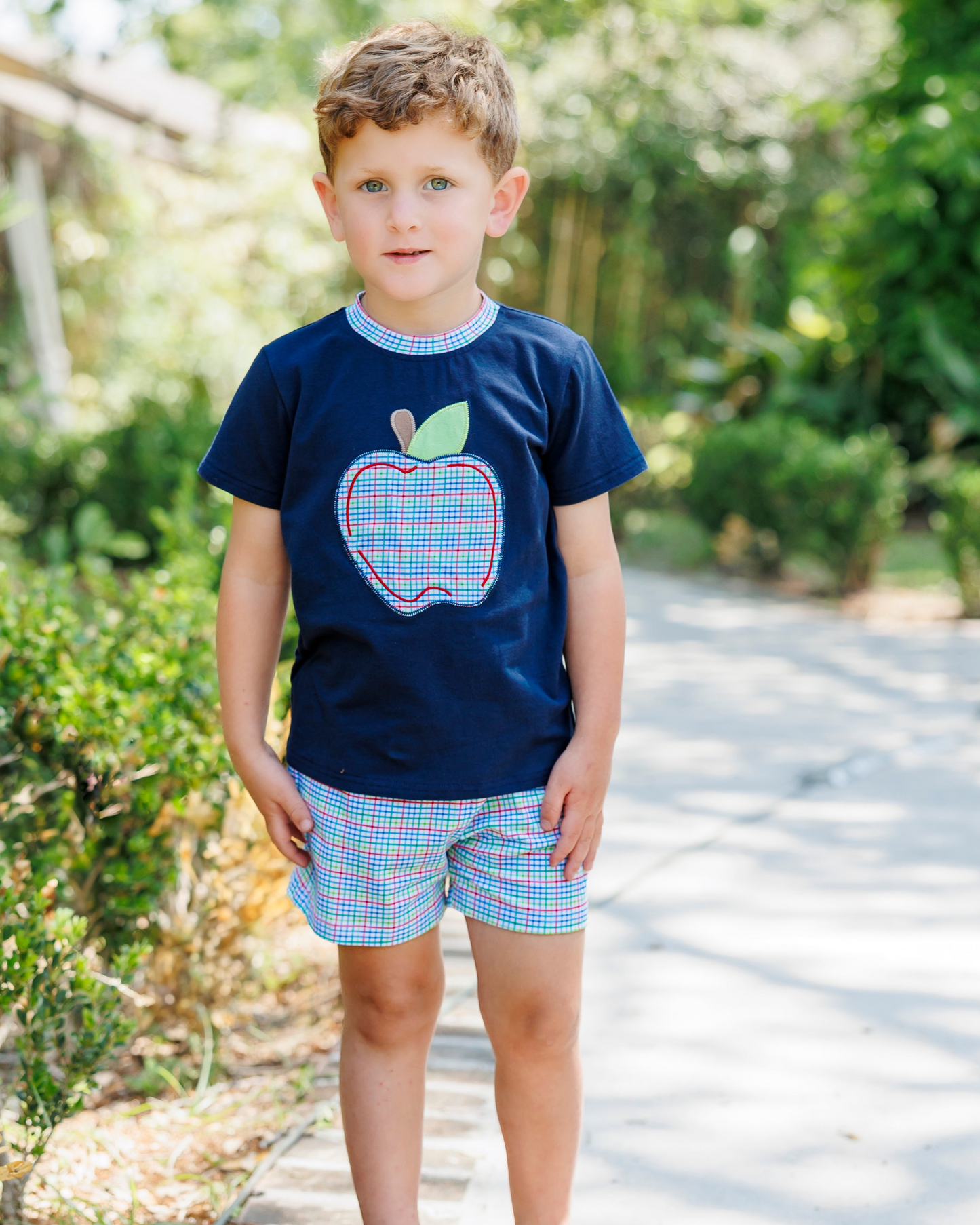 Primary plaid apple shorts set
