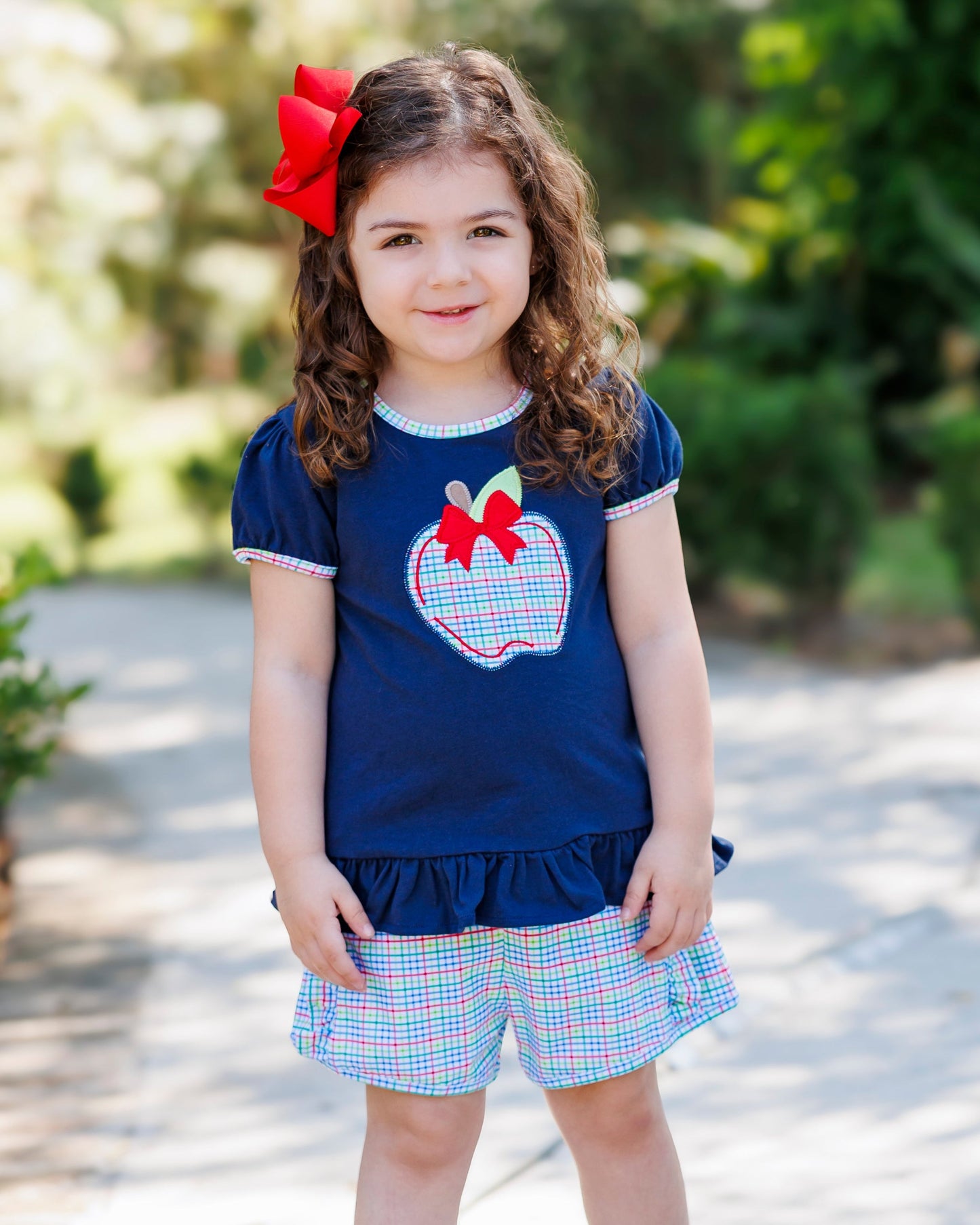 Primary Plaid Apple Ruffle Shorts Set